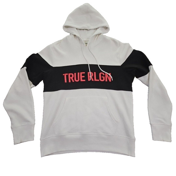 True Religion Men's Pullover Colorblock Hoodie Sweatshirt White Black 103140 LG - Picture 2 of 16